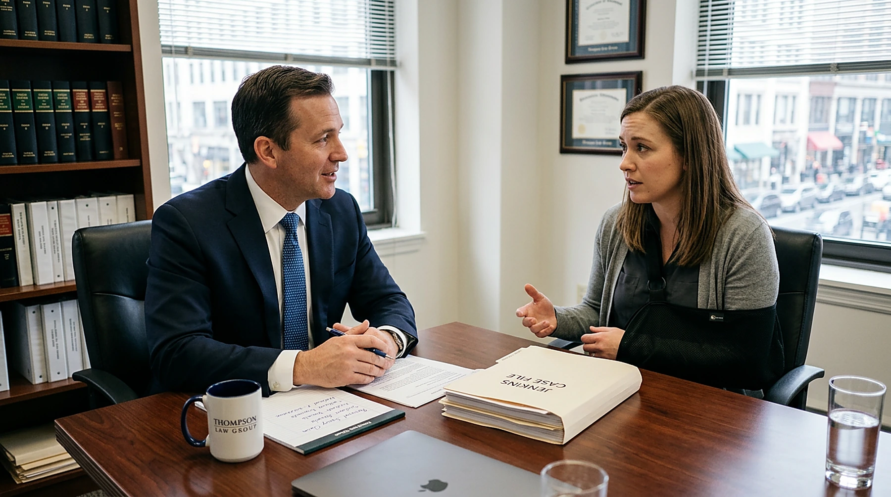 A VanWa Legal attorney reviewing a case file with an injured client